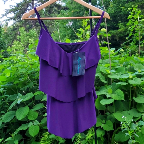 Plum Tiered Ruffle Tankini Swim Top M - Picture 1 of 3